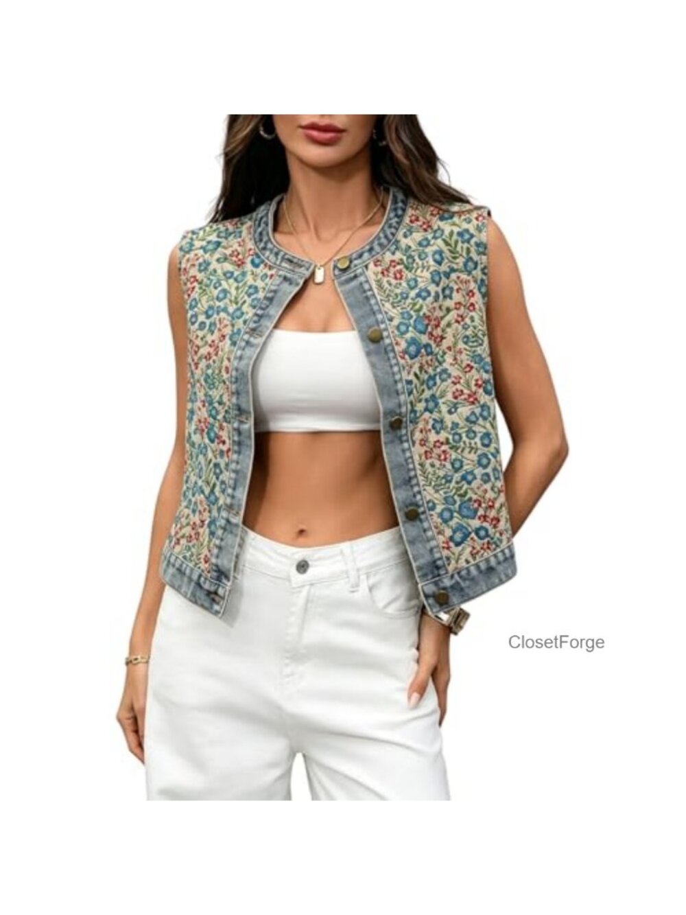 Women's Floral Denim Vest Sleeveless Jean Jacket Button Down Waistcoat